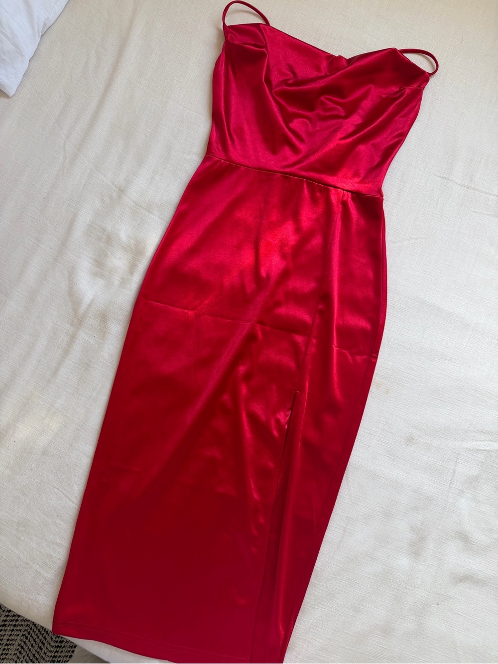 Red Satin Midi Slip Dress with Cowl Neck
